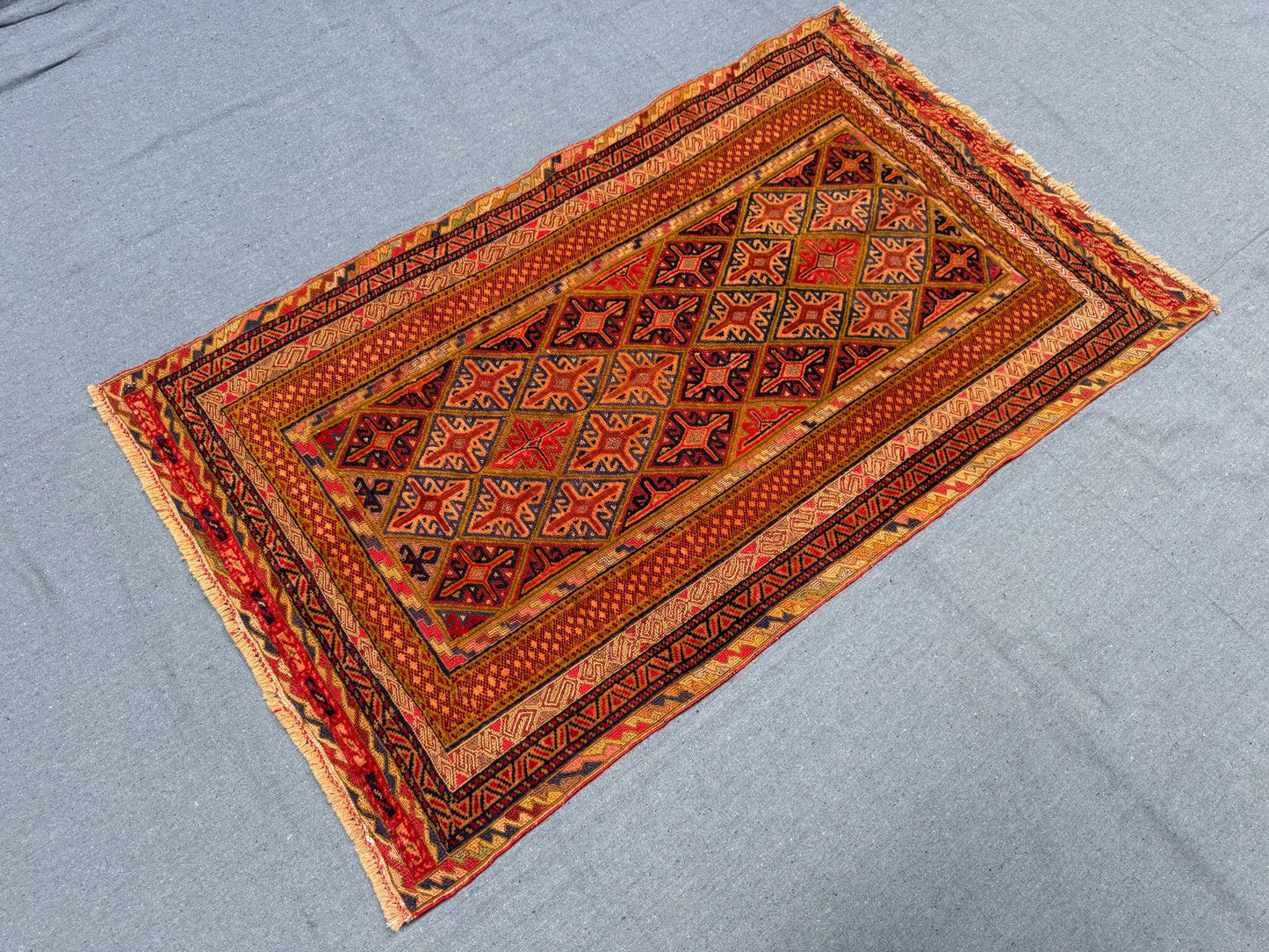 Handwoven Afghan Turkish Rug - Vintage Wool Tribal Carpet - Red, Orange & Blue Geometric Oriental Runner 2.3 x 4.10 ft