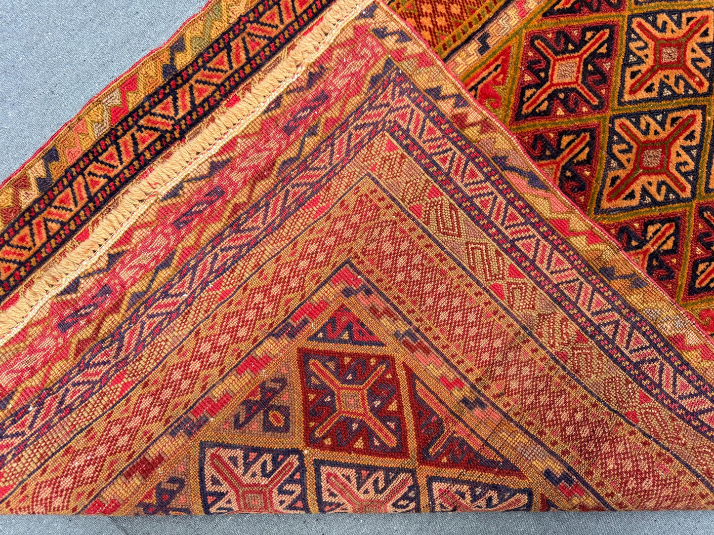 Handwoven Afghan Turkish Rug - Vintage Wool Tribal Carpet - Red, Orange & Blue Geometric Oriental Runner 2.3 x 4.10 ft