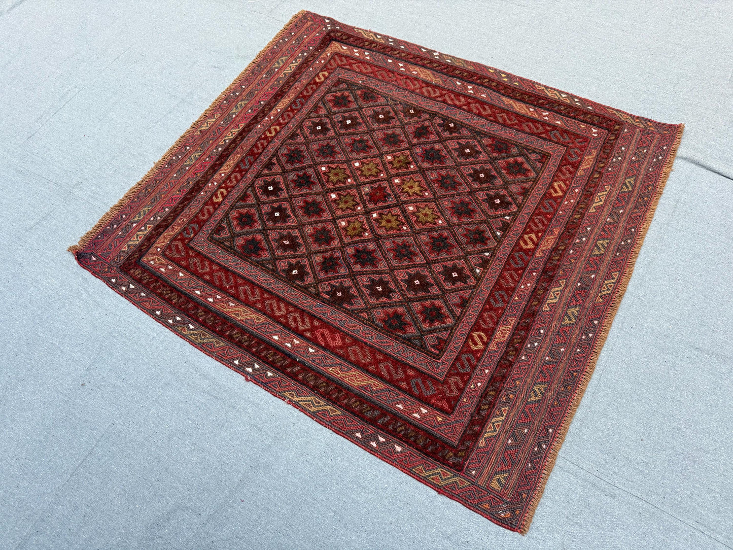 Handwoven Afghan Turkish Rug - Vintage Wool Tribal Carpet - Deep Red & Brown Geometric Oriental Rug 3.11 x 4.2 ft