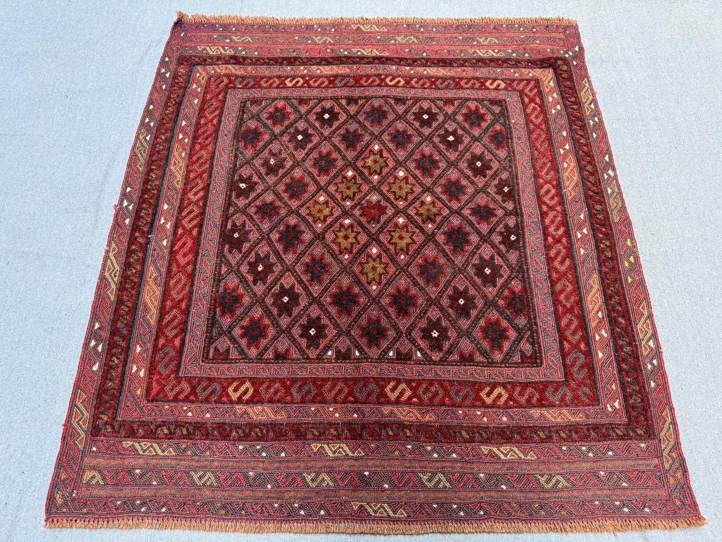 Handwoven Afghan Turkish Rug - Vintage Wool Tribal Carpet - Deep Red & Brown Geometric Oriental Rug 3.11 x 4.2 ft