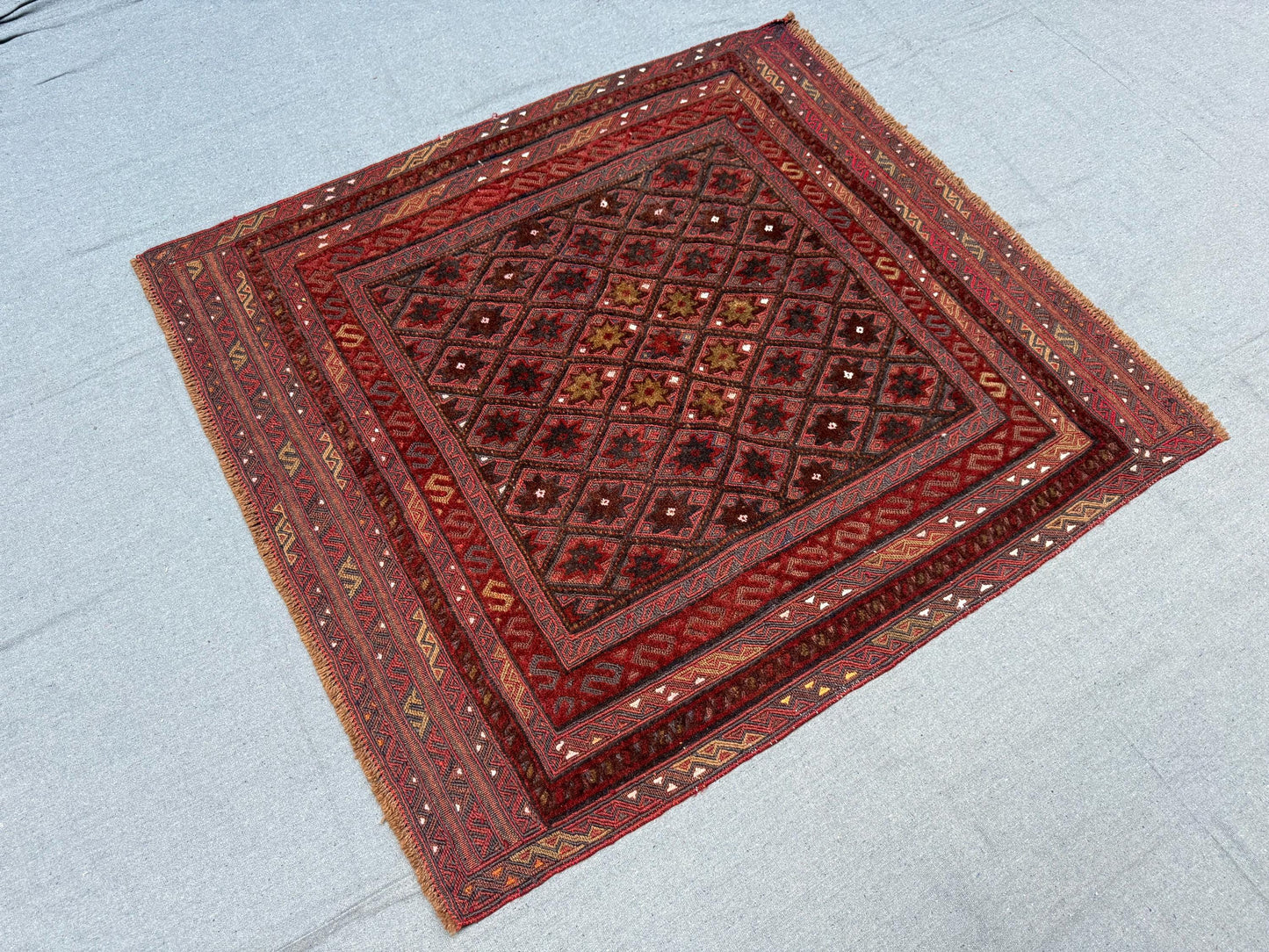 Handwoven Afghan Turkish Rug - Vintage Wool Tribal Carpet - Deep Red & Brown Geometric Oriental Rug 3.11 x 4.2 ft