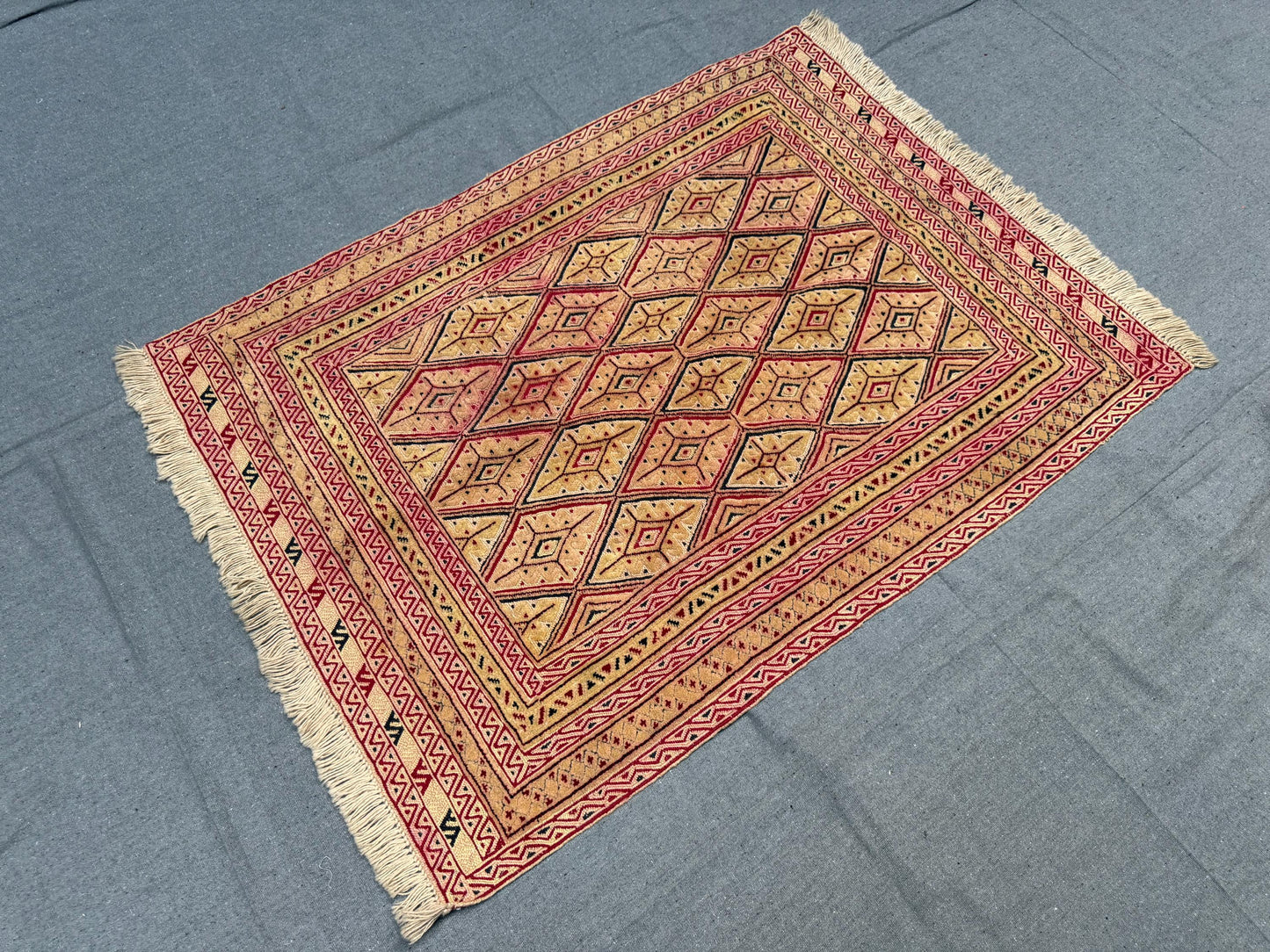 Handwoven Afghan Turkish Rug - Vintage Wool Tribal Carpet - Beige, Red & Black Geometric Oriental Rug 2.11 x 4 ft