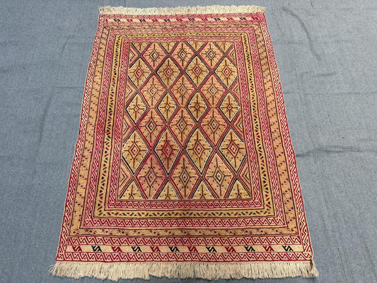 Handwoven Afghan Turkish Rug - Vintage Wool Tribal Carpet - Beige, Red & Black Geometric Oriental Rug 2.11 x 4 ft