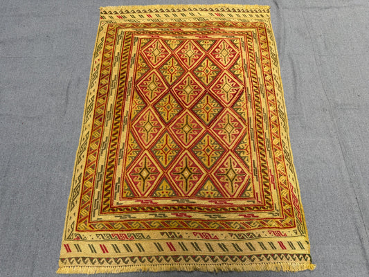 2.10 x 3.11 ft Handwoven Afghan Turkish Rug - Vintage Wool Tribal Carpet - Gold, Red & Green Geometric Oriental Rug