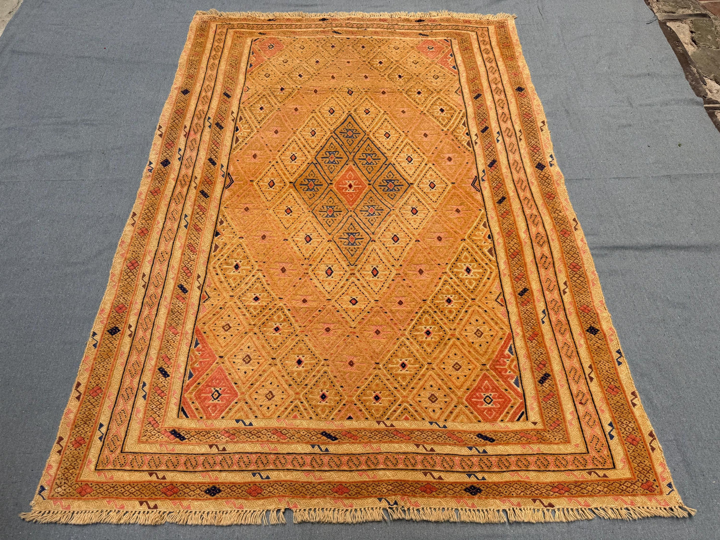 4.7 x 6.6 ft Handwoven Afghan Turkish Rug - Vintage Wool Tribal Carpet - Gold, Orange & Blue Geometric Oriental Rug