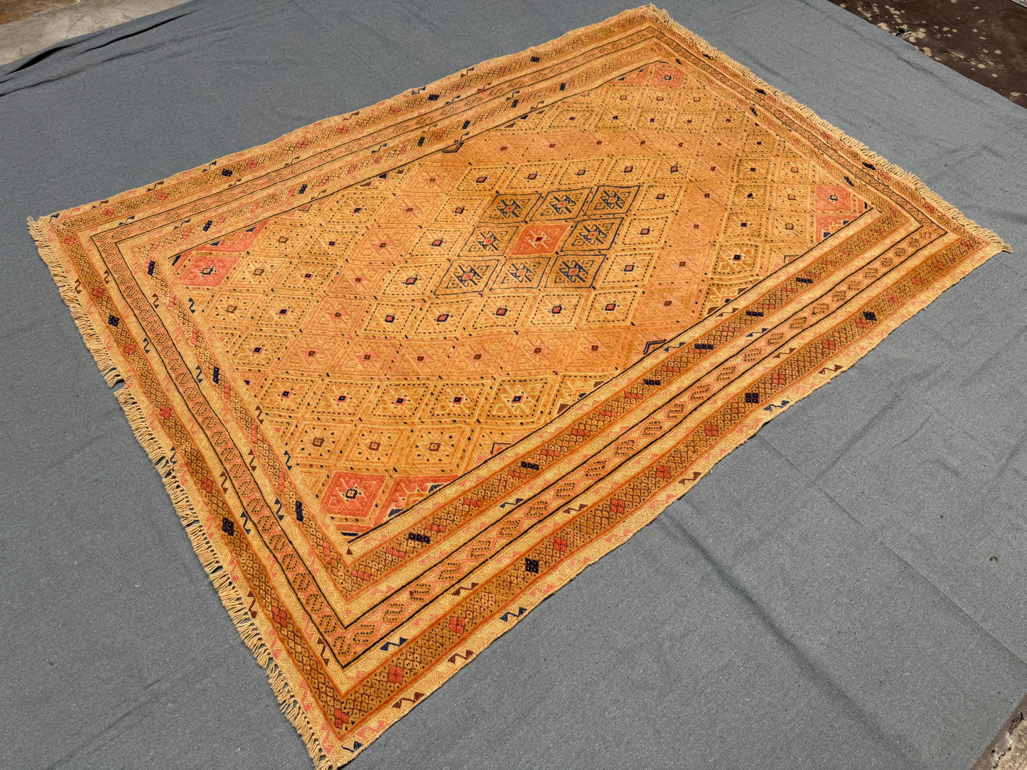 4.7 x 6.6 ft Handwoven Afghan Turkish Rug - Vintage Wool Tribal Carpet - Gold, Orange & Blue Geometric Oriental Rug