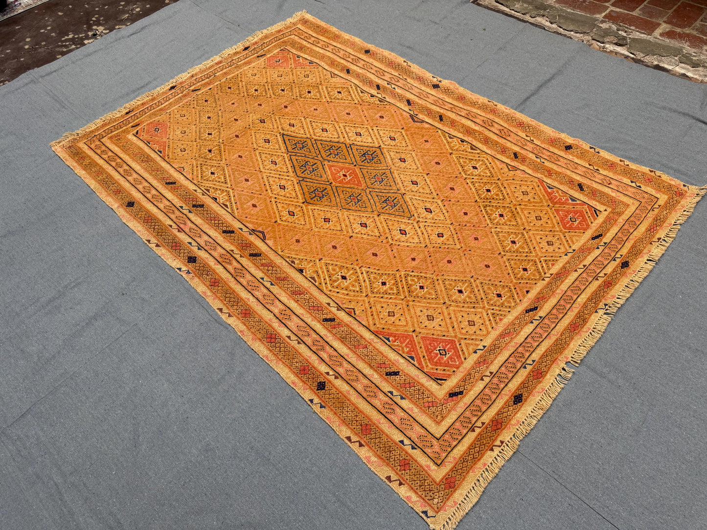 4.7 x 6.6 ft Handwoven Afghan Turkish Rug - Vintage Wool Tribal Carpet - Gold, Orange & Blue Geometric Oriental Rug