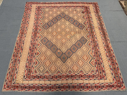 5.5 x 6.4 ft Handwoven Afghan Turkish Rug - Vintage Wool Tribal Carpet - Beige, Blue & Red Geometric Oriental Rug