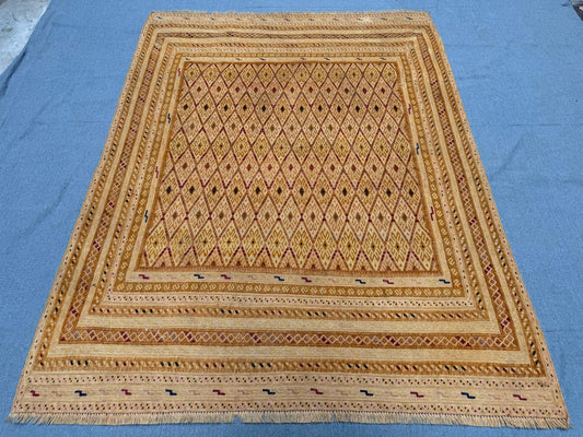 Handwoven Afghan Turkish Rug – Vintage Wool Oriental Carpet, Geometric Tribal Nomadic Area Rug, Boho Home Decor, 4.10 x 6.3 ft Handmade Rug