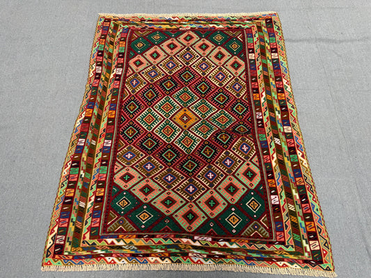 Handmade Persian Afghan Rug – Vintage Wool Geometric Carpet, Multicolor Tribal Kilim, Bohemian Nomadic Rug, Oriental Home Decor, 3.2 x 4 Ft