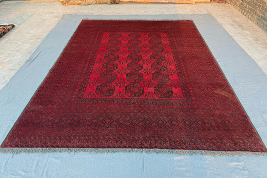 Handmade Turkmen Ersari Rug – Vintage Red Wool Oriental Carpet, Large Tribal Persian Rug, Traditional Afghan Bokhara Design, 8.5 x 11.1 Ft