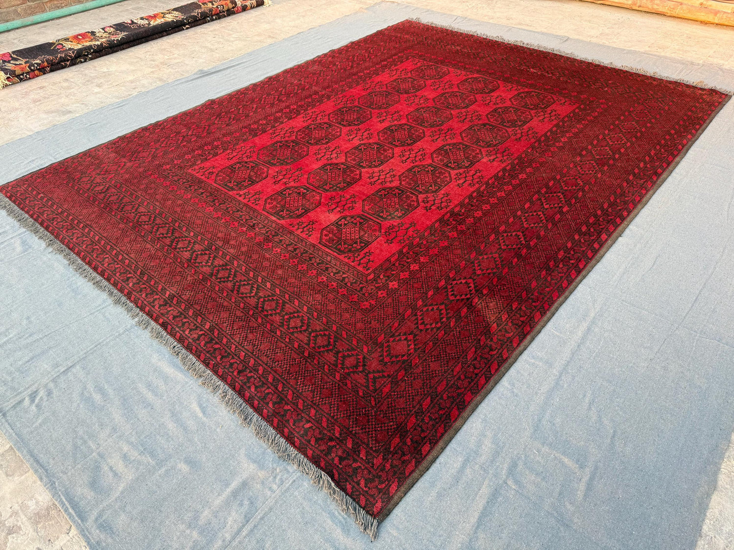 Handmade Turkmen Ersari Rug – Vintage Red Wool Oriental Carpet, Large Tribal Persian Rug, Traditional Afghan Bokhara Design, 8.5 x 11.1 Ft