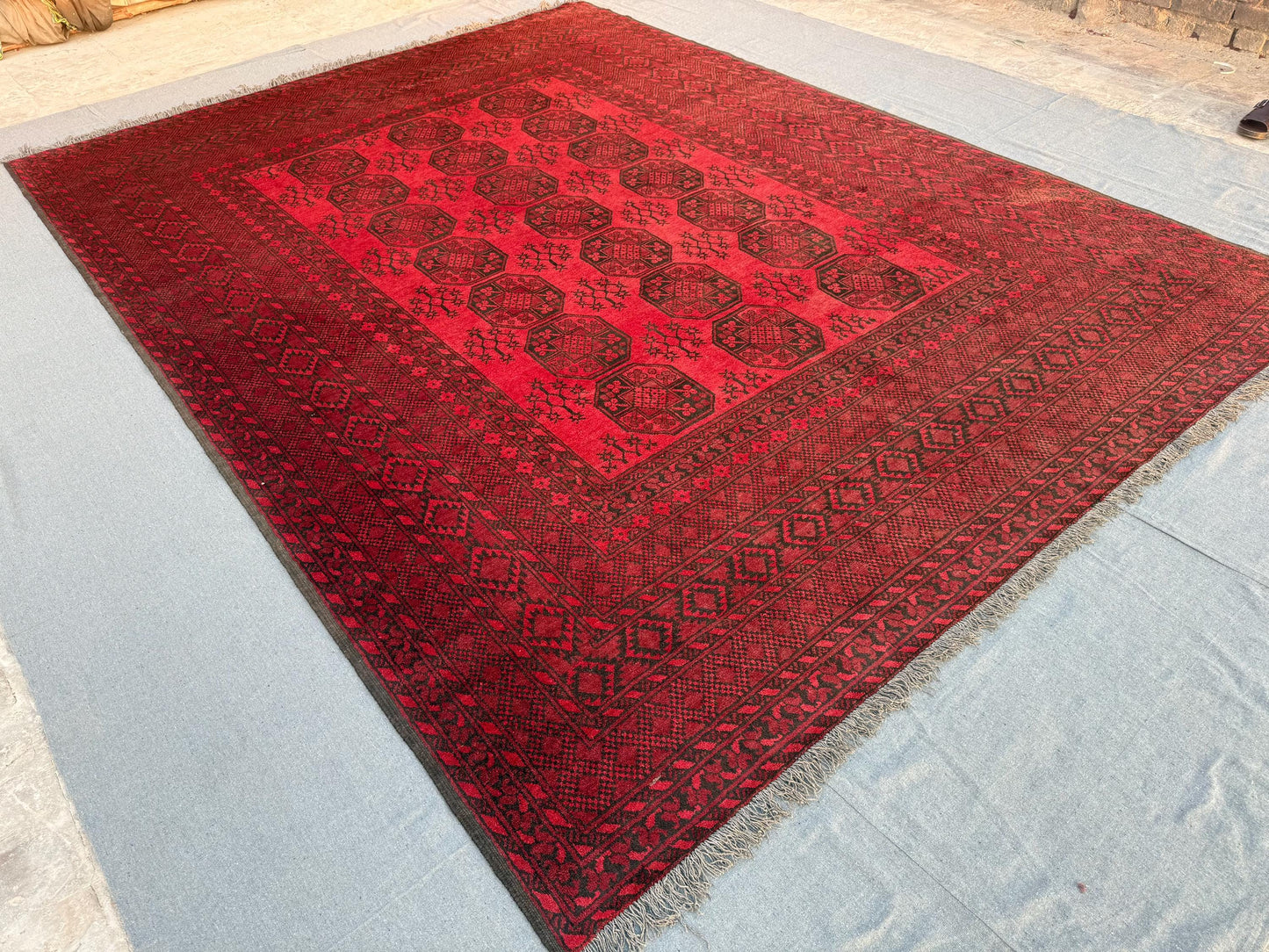 Handmade Turkmen Ersari Rug – Vintage Red Wool Oriental Carpet, Large Tribal Persian Rug, Traditional Afghan Bokhara Design, 8.5 x 11.1 Ft