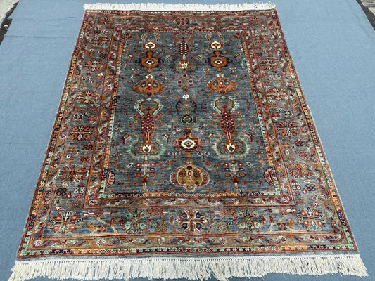 Handmade Sultani Rug Vintage Wool Persian Carpet, Blue Floral Medallion Design, Traditional Oriental Area Rug, Luxury Home Decor 5 x 5.10 FT