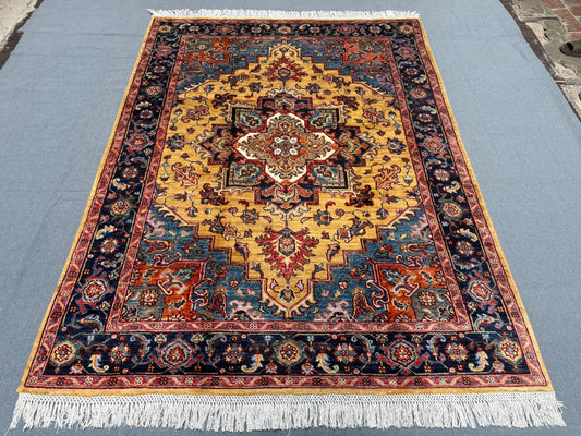 Handmade Heriz Rug – Vintage Wool Persian Carpet, Geometric Medallion Design, Traditional Oriental Area Rug, Bohemian Home Decor 5 x 6.7 FT