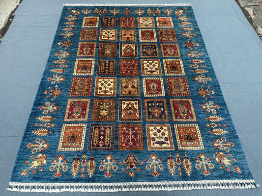 Handmade Bakhtiari Rug Vintage Persian Carpet, Blue Tribal Garden Design, Traditional Oriental Area Rug, Unique Bohemian Decor 5.2 x 6.7 ft