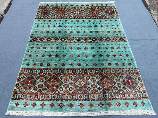 Handmade Khorjin Rug 5.1 x 6.9–Vintage Wool Persian Carpet, Turquoise Tribal Geometric Design, Traditional Oriental Area Rug, Bohemian Decor