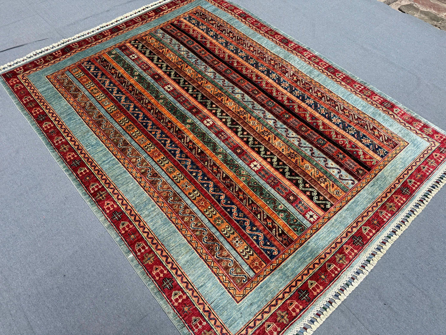 Handmade Floral Turkish Rug – Vintage Wool Kilim, Striped Nomadic Design, Bohemian Oriental Carpet, Traditional Tribal Area Rug 5 x 6.6 ft