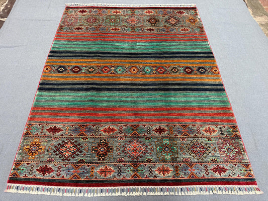 Handmade Khorjin Wool Rug Colorful Tribal Striped Persian Carpet Boho Vintage Oriental Area Rug, Authentic Handwoven Home Decor 5.1 x 6.5 ft