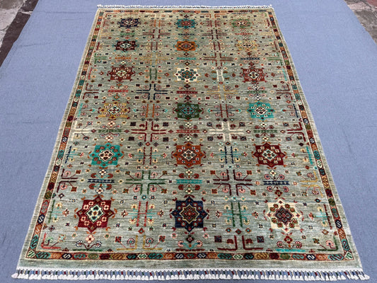 Handmade Bukhara Wool Rug Vintage Persian Carpet, Geometric Medallion Oriental Area Rug, Hand-Knotted Nomadic Tribal Home Decor 5 x 6.10 ft